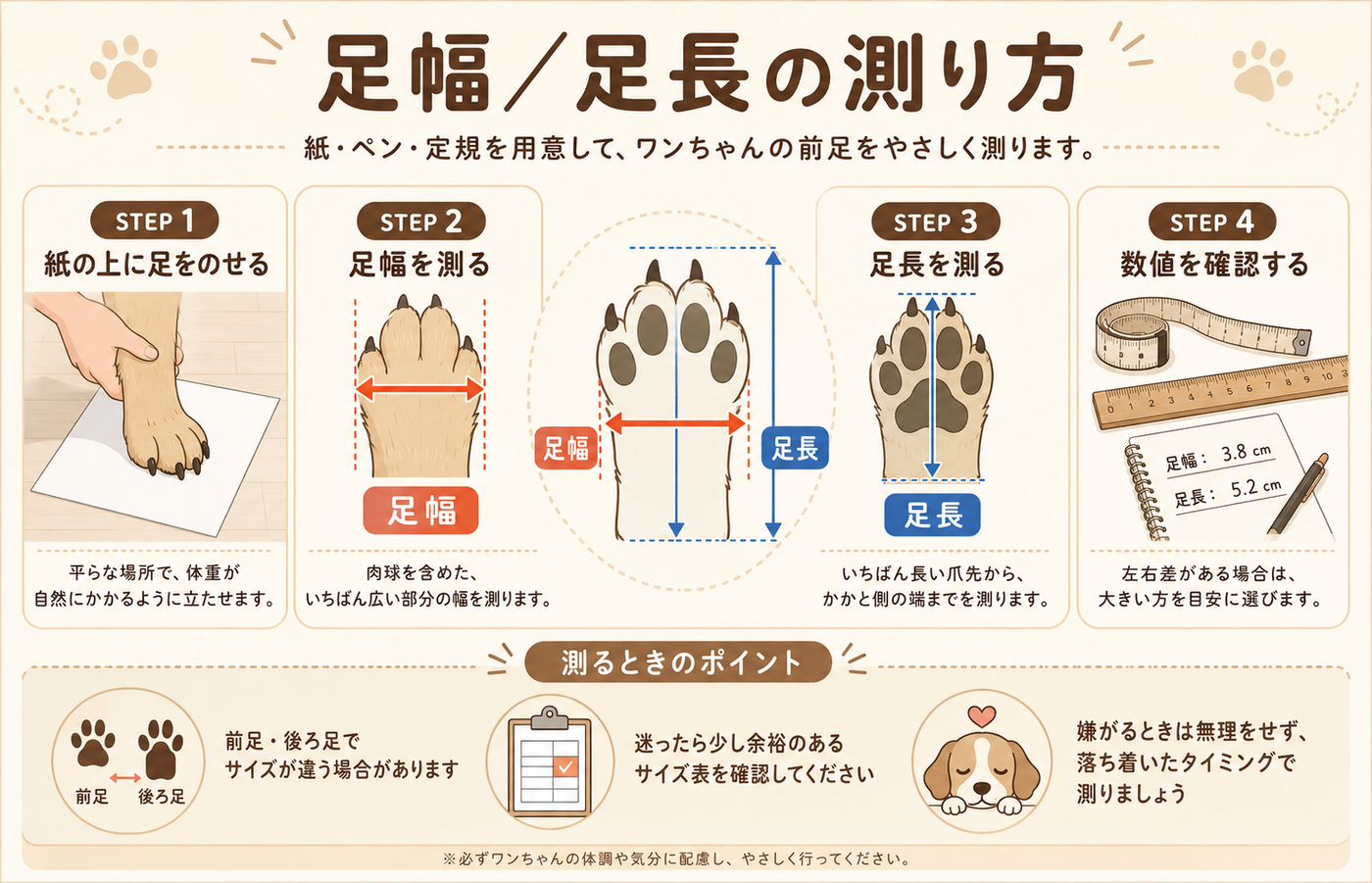 足幅と足長の測り方を示す説明画像